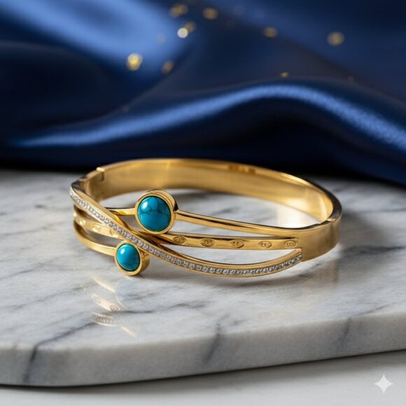 🆕️ Turquoise Serenity Bangle 18K Gold Plated Stainless Steel Boho Chic Jewelry - Picture 4 of 8